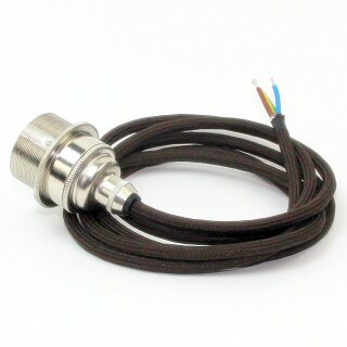 Textilkabel Braun mit Vintage E27 Lampenfassung Messing vernickelt und 2 Schraubringe 1-5m