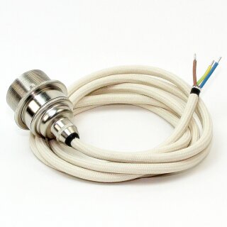 Textilkabel Elfenbein mit Vintage E27 Lampenfassung Messing vernickelt und 2 Schraubringe 1-5m